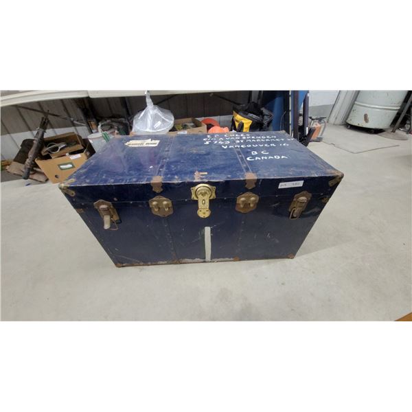 Vintage Blue Steamer Trunk with Brass Hardware 21 x 40 x 22" Locked and No Key