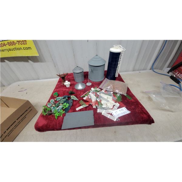 Model Railroad Scenery Accessories Including Silos, Trees, Fencing, and More