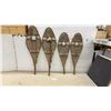 Image 1 : Two Pairs of Traditional Wooden Snowshoes with Rawhide Webbing and Red Pompom Accents