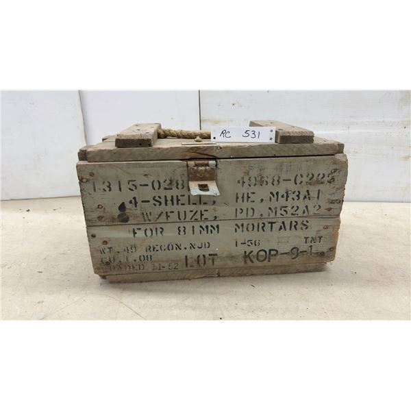 Wooden 81mm Mortar Shell Ammunition Crate, 9 3/4" x 18 x 10