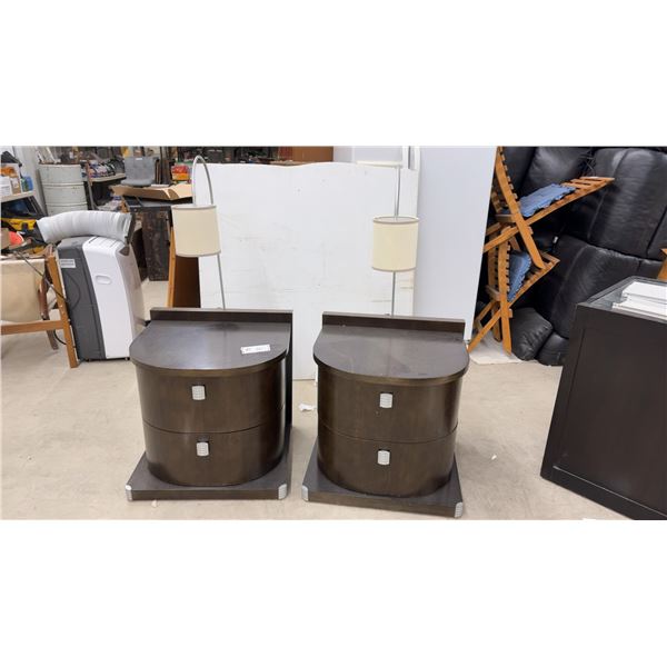 2 Modern Wood Side Tables with Curved Fronts, Two Drawers, and Attached Arc Lamps 24 x 22 x 24