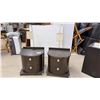 Image 1 : 2 Modern Wood Side Tables with Curved Fronts, Two Drawers, and Attached Arc Lamps 24 x 22 x 24