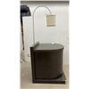 Image 2 : 2 Modern Wood Side Tables with Curved Fronts, Two Drawers, and Attached Arc Lamps 24 x 22 x 24