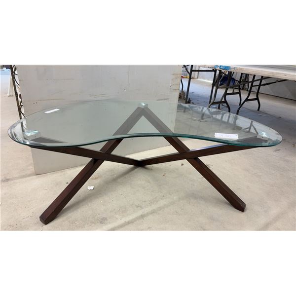 Modern Glass Top Kudney Shaped Coffee Table with Wood Crossed Base, Approx 20 x 53 x 28"