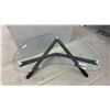 Image 2 : Modern Glass Top Kudney Shaped Coffee Table with Wood Crossed Base, Approx 20 x 53 x 28"