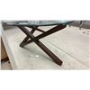 Image 3 : Modern Glass Top Kudney Shaped Coffee Table with Wood Crossed Base, Approx 20 x 53 x 28"