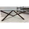Image 4 : Modern Glass Top Kudney Shaped Coffee Table with Wood Crossed Base, Approx 20 x 53 x 28"