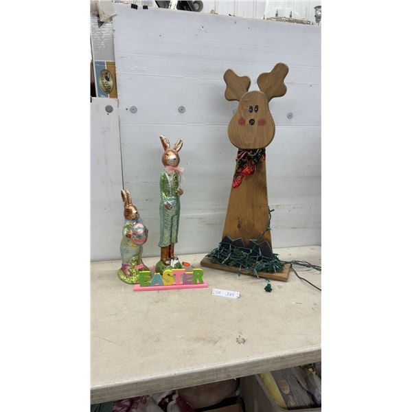 Easter Bunny Figurines, Tallest 24" Happy Easter Sign, Wooden Reindeer with Lights 36" Tall