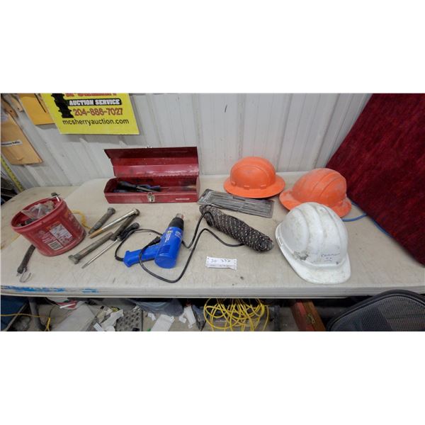 Heat Gun, Hard Hats, Red Metal Toolbox, Tube Cleaning Brushes, Rope, Bolts, and More