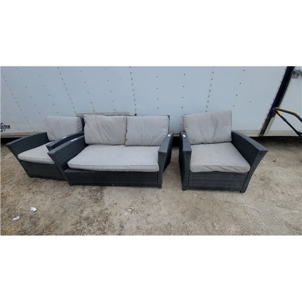 Dark Gray Wicker Patio Furniture Set with Beige Cushions, Sofa, Chairs, and Table 3 Pce