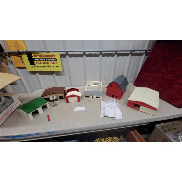 Toy Farm Buildings Including John Deere Dealership, Sign Barn, Sheds, and More