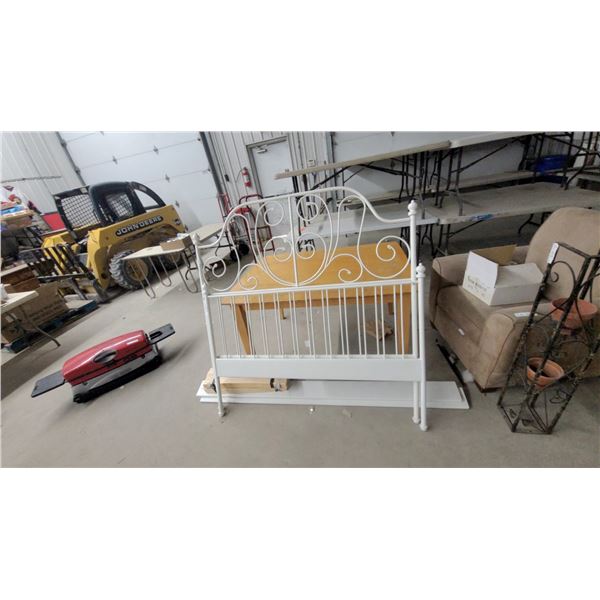 White Metal Bed Frame with Scrollwork Headboard, Footboard, Rails, and Slats 52" Wide