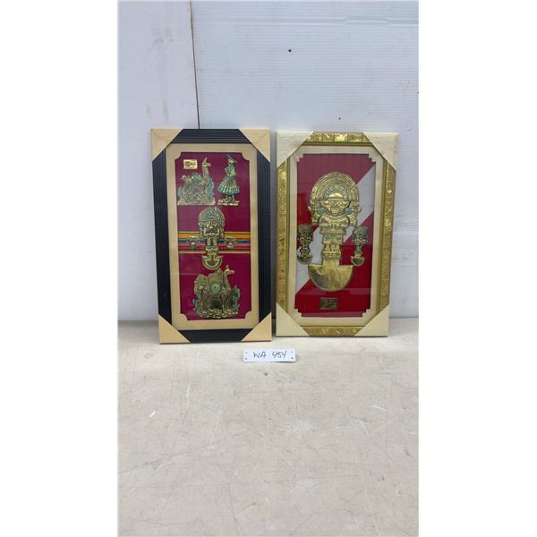 Pair of Peruvian Tumi and Llama Brass Relief Wall Art Plaques with Turquoise Accents 18 C 10"