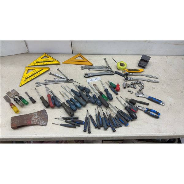 Assorted Hand Tools, Stanley Speed Squares, Mastercraft Wrenches, Screwdrivers, and More
