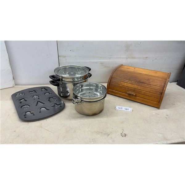 Stainless Steel Steamer Pots, Wilton Holiday Cookie Pan, and Wooden Roll-Top Bread Box
