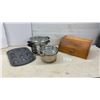 Image 1 : Stainless Steel Steamer Pots, Wilton Holiday Cookie Pan, and Wooden Roll-Top Bread Box
