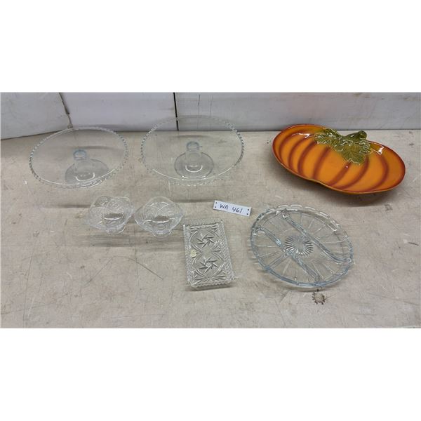 Glass Pedestal Cake Stands, Cut Glass Bowls, Ceramic Pumpkin Platter, and More