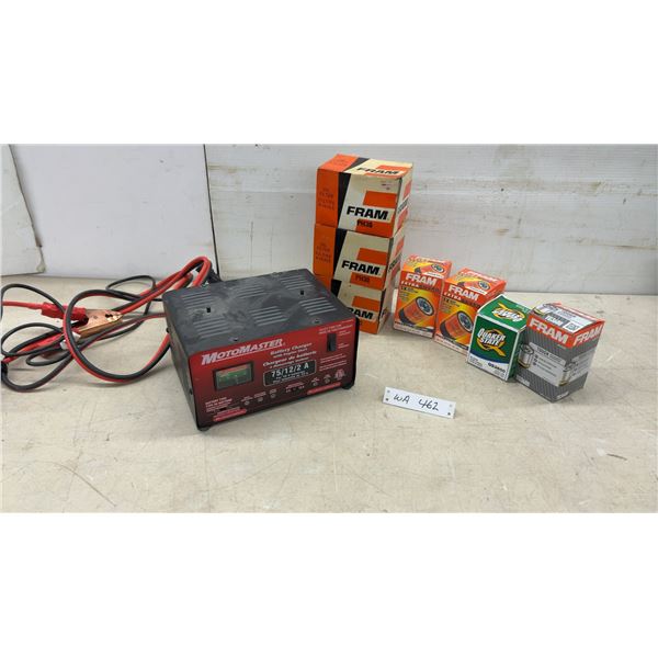 MotoMaster 75/12/2 Amp Battery Charger with Engine Start and Fram Oil Filters and More
