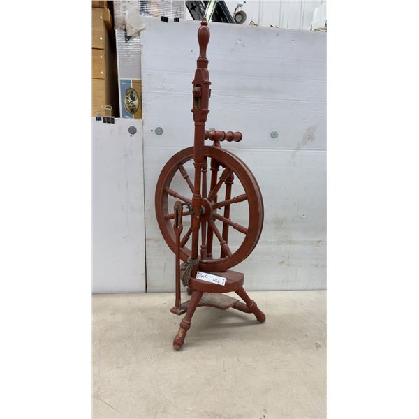 Antique Red-Painted Wooden Spinning Wheel with Treadle