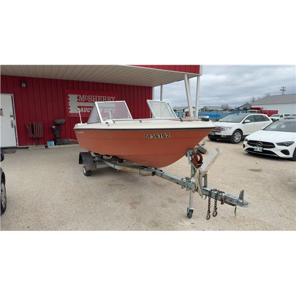 16FT FG Vangard Boat, Outboard 85HP Motor, Not Running, w/ Trolling Motor and Trailer. No TOD. 