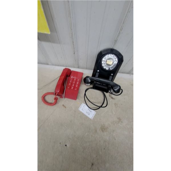 Vintage Black Rotary Wall Phone and Red MTS Touch-Tone Desk Phone