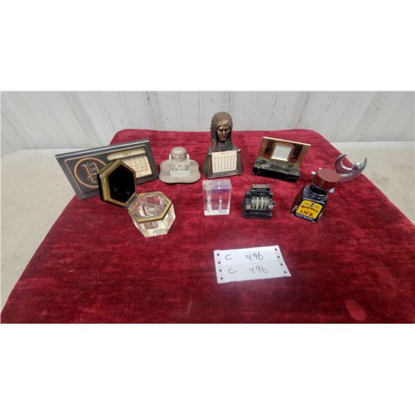Vintage Desk Accessories Including Inkwells, Perpetual Calendars, and More