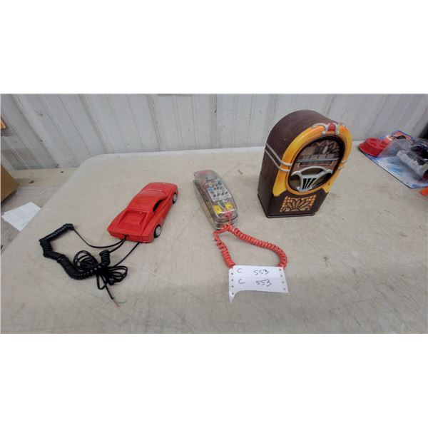 Novelty Telephone Collection, Red Sports Car, Clear Uniden, and Jukebox Radio