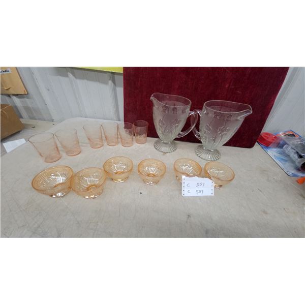 Pink Depression Glass Sherbet Dishes, Tumblers, and Clear Iris Goblets and Pitchers