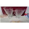 Image 2 : Pink Depression Glass Sherbet Dishes, Tumblers, and Clear Iris Goblets and Pitchers