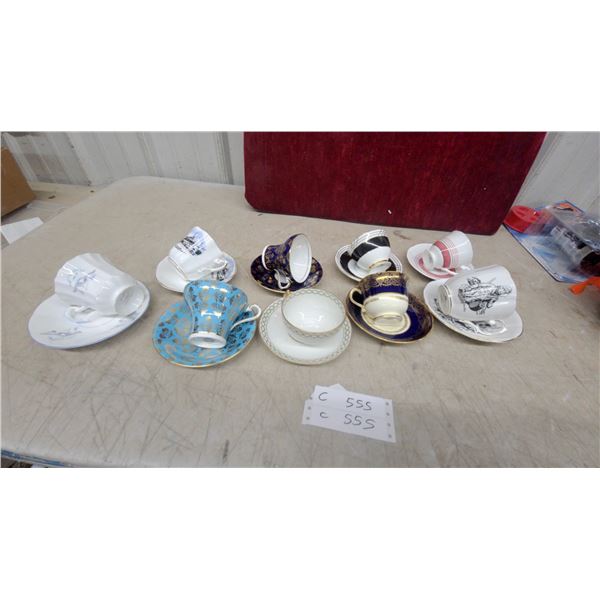 Collection of Porcelain Teacups and Saucers, Various Patterns and Makers, Nine Sets
