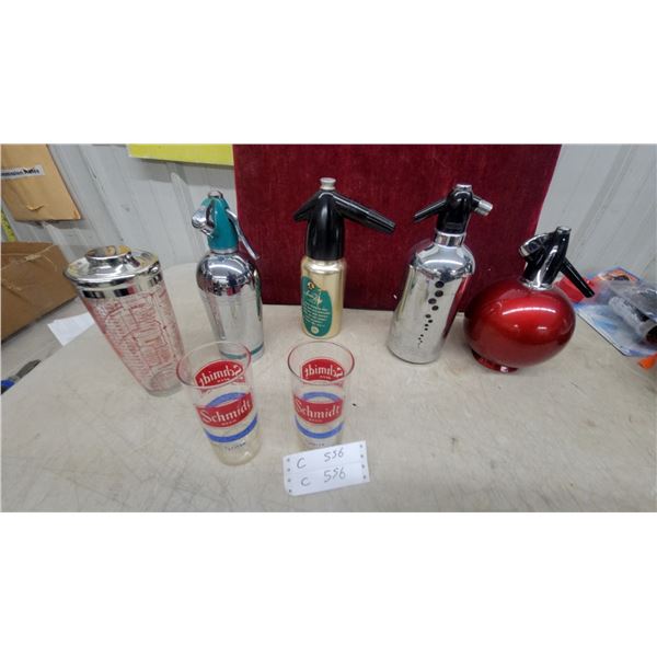Vintage Soda Siphons, Schmidt Beer Glasses, Cocktail Shaker, and More