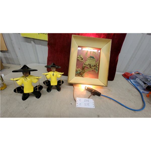 Vintage Asian Chinoiserie Illuminated Shadow Box with Pagoda Scene