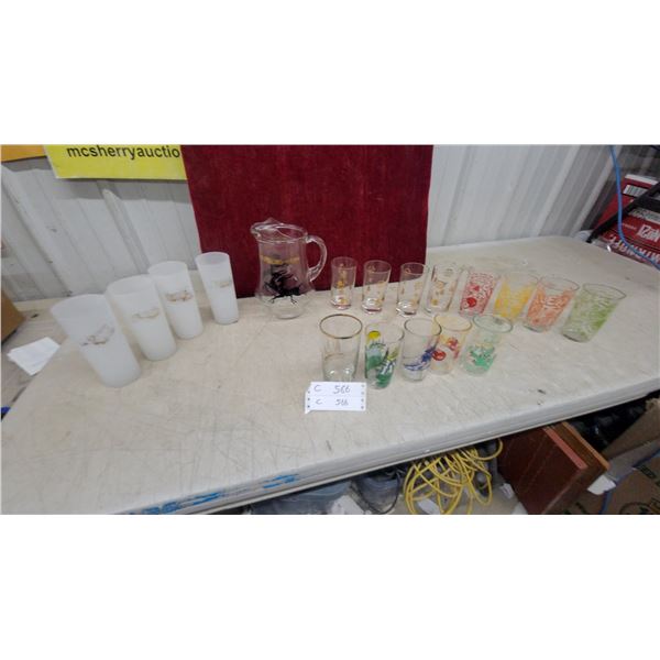 Vintage Frosted and Clear Drinking Glasses with Decorative Prints and Glass Pitcher