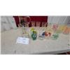 Image 6 : Vintage Frosted and Clear Drinking Glasses with Decorative Prints and Glass Pitcher