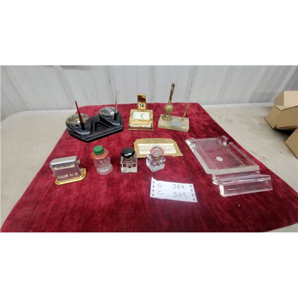Vintage Desk Accessories Including Inkwells, Perpetual Calendars, Clock, and More