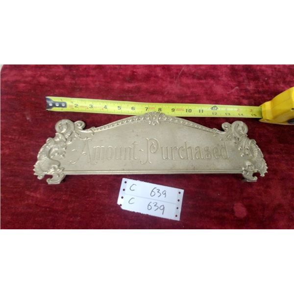 Antique Vintage"Amount Purchased" Cash Register Topper Plate, 12 x 4"