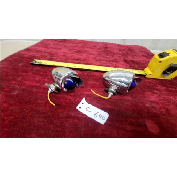 Pair of Chrome Blue Dot Marker Lights with Mounting Hardware, 3" Diameter and Shade Lip