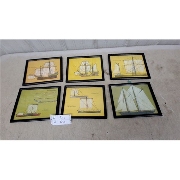Set of Six Framed Sailing Ship Prints on Yellow Background 8 x 10"