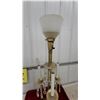 Image 2 : Vintage Brass Candelabra Table Lamp with Crystal Prisms and Milk Glass Shade Beleive Stiffel
