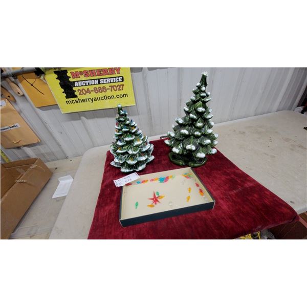 Vintage Lighted Ceramic Christmas Tree with Snow Accents and Plastic Peg Lights x2