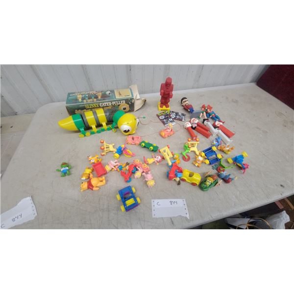Original Slinky Cater-Puller Pull Toy with Box, Winnie the Pooh Figures, Mac Donalds Muppets and