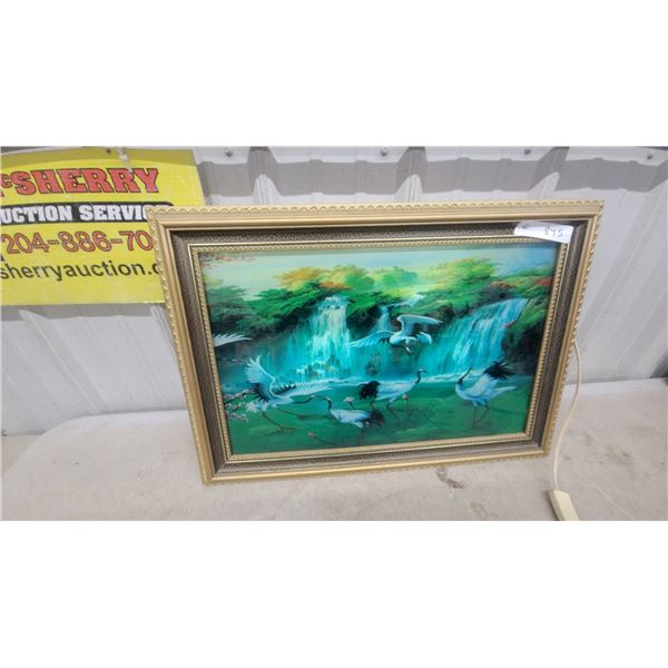 Framed White Cranes at Waterfall in Gold-Toned Decorative Frame Lights and Relaxing Sounds 18 x 25"