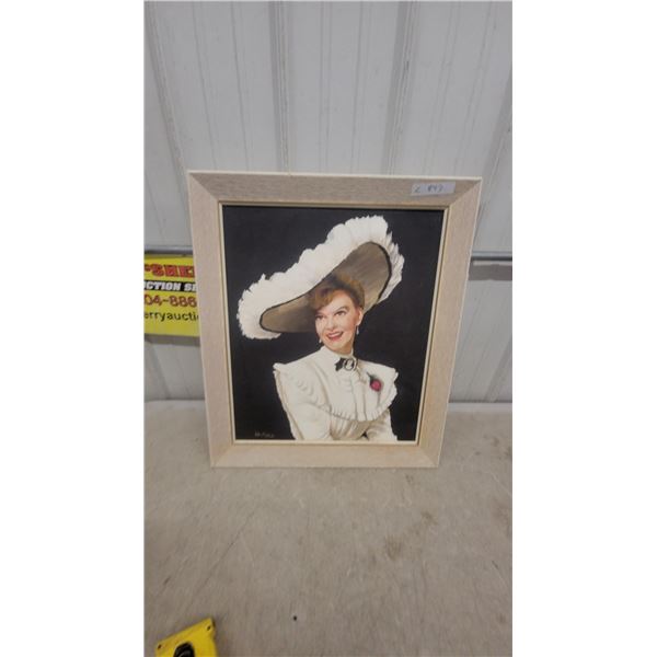 Framed Portrait Painting of Woman in White Hat and Dress, Signed Gullys 24 x 28"