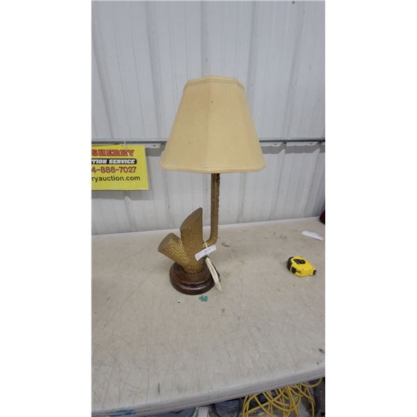 Vintage Gold-Tone Anchor Table Lamp with Beige Fabric Shade on Round Wood Base