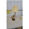 Image 1 : Vintage Gold-Tone Anchor Table Lamp with Beige Fabric Shade on Round Wood Base