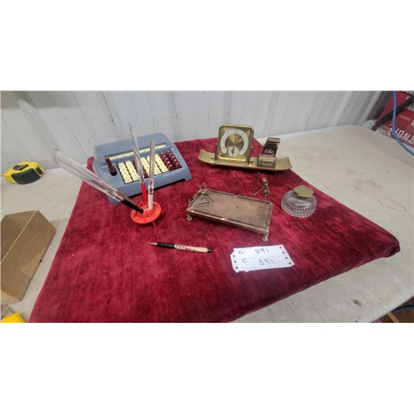 Vintage Brass Desk Barometer with Calendar, Pen Holder, and Glass Inkwell