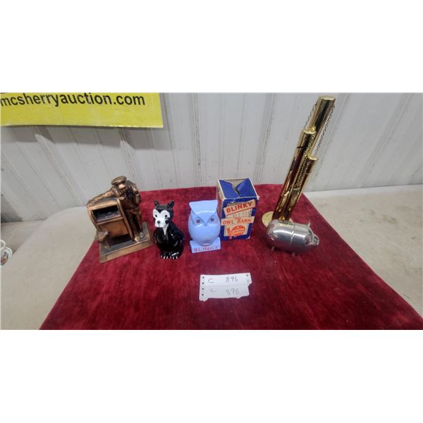 Blinky Blue Owl Bank with Box, Postal Worker Mailbox Bank, and More