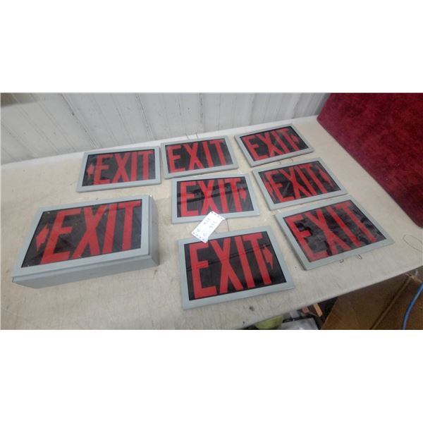 Lot of Eight Commercial Exit Sheild Signs with Red Lettering and Directional Arrows Glass and Metal