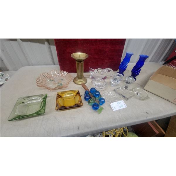 Vintage Art Glass Ashtrays, Cobalt Blue Glass Vase Brass Candilier, and More