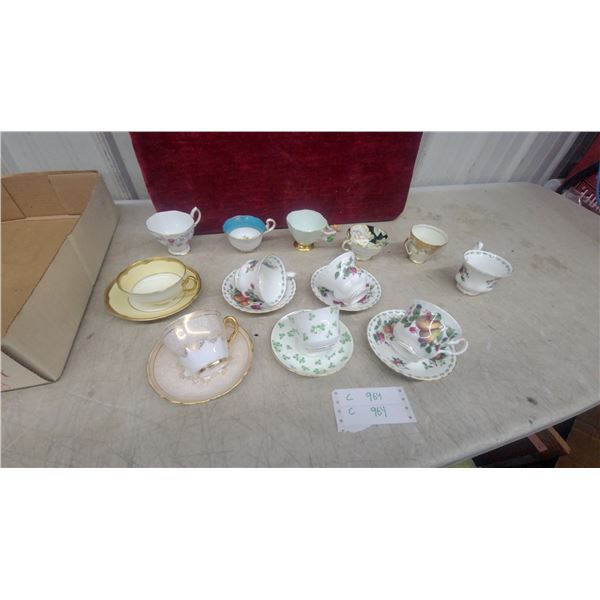 Collection of Vintage Fine China Teacups and Saucers with Floral and Gilt Accents and More